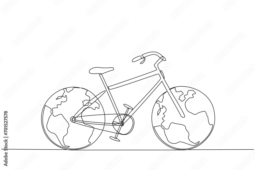 Wall mural continuous one line drawing a bicycle with two globes replacing the tires. the concept of a vehicle 