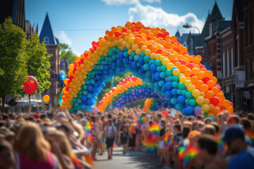 A vibrant LGBTQ+ pride parade, filled with colorful floats and celebratory marchers, emphasizing the importance of inclusivity and acceptance. Concept of pride and diversity. Generative Ai.