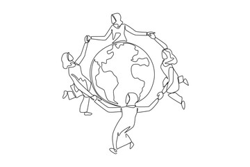 Single one line drawing a group of Arabian women make a circle around the globe. Complete the mission. Stay focused on keeping the earth green. Earth day. Continuous line design graphic illustration