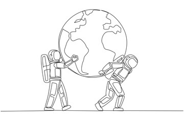 Continuous one line drawing globe is carried by astronaut assisted by others who holds it. Cosmonauts work together to protect the earth. Environment care. Single line draw design vector illustration