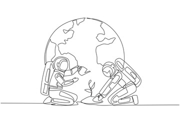 Single one line drawing astronaut holds mound of earth and the others waters plants. Team cohesiveness must be maintained. Cosmonaut loves earth. Nature. Continuous line design graphic illustration