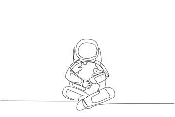 Single one line drawing astronaut sitting hugging globe. The expedition made realize that the earth should be loved more and more. Cosmic. Love the planet. Continuous line design graphic illustration