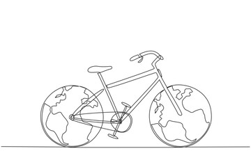 Continuous one line drawing a bicycle with two globes replacing the tires. The concept of a vehicle that is friendly to the earth. Free from pollution. Single line draw design vector illustration