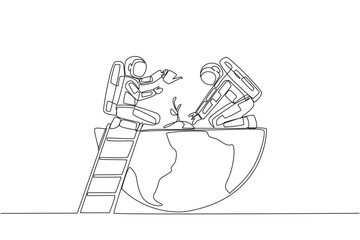 Single continuous line drawing two astronauts work together to plant seeds and water it. Slowing depletion of the ozone layer. Cosmonaut caring a lot to the earth. One line design vector illustration - obrazy, fototapety, plakaty