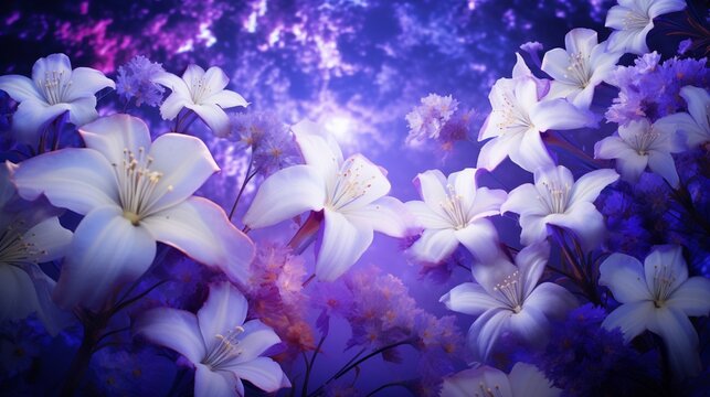 A kaleidoscopic 3D display of irises and daisies in vivid purples and whites blooming on a deep purple canvas, enhanced by a colorful tree.