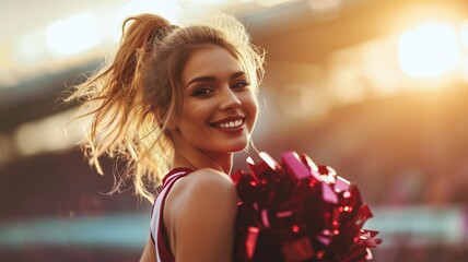 Cheerleader smiling with pom-poms at sunset