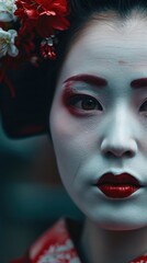 A Close-up of a Geisha's Face in Japan, Captivating Beauty, tradition, elegance and mystique, blured backgound with space to text. copy space