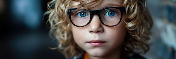 Obraz premium portrait of a six-year-old child with blond hair and bright blue eyes wearing glasses, looking at the camera, copy space.the concept of caring for children's health and vision 