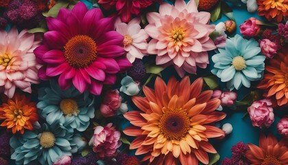 Colorful dahlia flowers background. Top view, flat lay