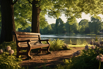 Fototapeta na wymiar A tranquil park bathed in the soft glow of the afternoon sun, inviting relaxation and contemplation amid nature's beauty. Concept of afternoon tranquility. Generative Ai.