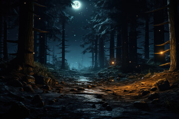 A moonlit forest with shadows playing on the ground, creating an enchanting atmosphere for nighttime exploration. Concept of nocturnal wonder. Generative Ai.