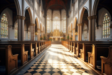 Fototapeta na wymiar A quiet chapel with sunlight streaming through stained glass windows, creating a serene atmosphere for contemplation during midday. Concept of chapel tranquility. Generative Ai.