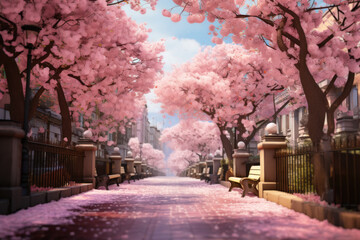 A vibrant street covered in cherry blossoms during spring, portraying the fleeting beauty and renewal of life with each passing day. Concept of cherry blossom allure. Generative Ai.