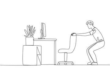 Single continuous line drawing man stands with a slight bend and both hands hold the top of chair. Overtime on weekends. Work and doing light exercise at same time. One line design vector illustration