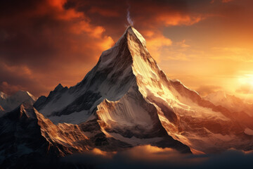 A serene mountain peak at dawn, where the first rays of sunlight touch the landscape, evoking a sense of awe and tranquility. Concept of mountain majesty. Generative Ai.