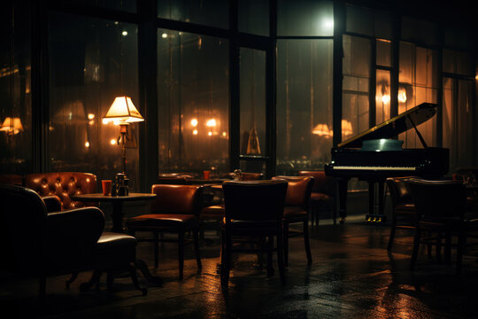 A dimly lit jazz club with musicians creating a soulful ambiance, offering an intimate experience for night owls seeking musical bliss. Concept of jazz club intimacy. Generative Ai.