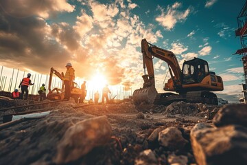 Heavy Machinery: Construction Workers Operating Excavators at a Building Site - A Symbol of Precision, Safety, and Progress in Construction