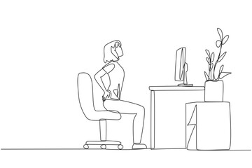 Single one line drawing woman sitting in work chair with hands holding her waist. Work while practicing breathing. Light exercise when overtime on weekends. Continuous line design graphic illustration