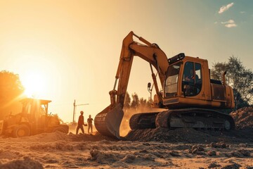 Heavy Machinery: Construction Workers Operating Excavators at a Building Site - A Symbol of Precision, Safety, and Progress in Construction