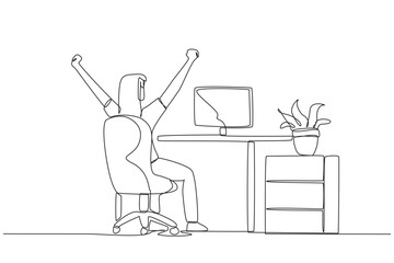 Continuous one line drawing the woman sit on chair opening and raising her hands. Squirming. Doing stiff stretches in the muscles of the hands and body. Single line draw design vector illustration