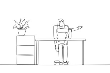 Single continuous line drawing woman sitting in work chair with arms crossed. Stretch to relax hand and finger muscles. Create multiple reports. Hectic. Overtime. One line design vector illustration