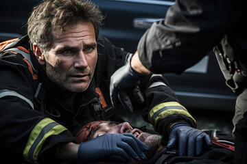 Fototapeta premium A paramedic administering first aid at an accident scene, exemplifying the critical and time-sensitive nature of emergency medical services. Concept of pre-hospital care. Generative Ai.