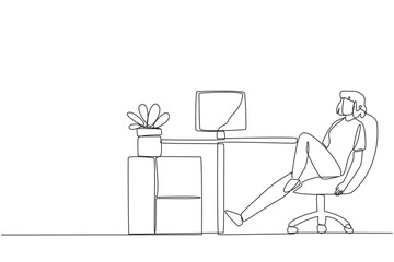 Fototapeta premium Single one line drawing woman sits in work chair with one of legs raised and folded. Do some warm-up movements. Eyes are tired and need to focus. Overtime. Continuous line design graphic illustration