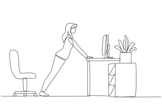 Continuous one line drawing woman do push up movements by holding edge of work table. Overcome boredom with light exercise. Helps stay focused. Overtime. Single line draw design vector illustration