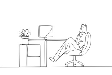 Single continuous line drawing Arab man sits in work chair with one of legs raised and folded. Take a break from busy overtime on weekend. Restore the mood. Hectic. One line design vector illustration