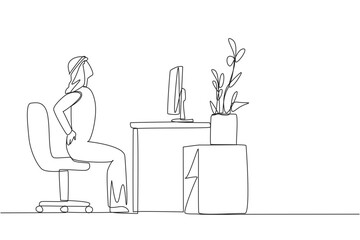 Single one line drawing Arab man sitting in work chair with hands holding waist. Too focused and sitting for long time. Avoid serious injury by stretching. Continuous line design graphic illustration