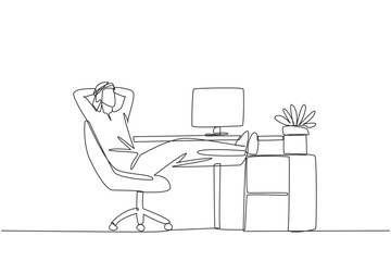 Continuous one line drawing Arab man sits in work chair with his hands behind head and his legs raised on work desk. Relax. Ready to meet the next deadline. Single line draw design vector illustration