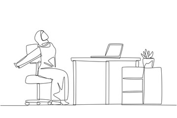Single one line drawing Arab woman sitting in work chair stretching arms behind back. Squirming. Stretch the body. Avoid feeling stiff. Overtime on weekend. Continuous line design graphic illustration