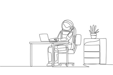 Continuous one line drawing astronaut sitting in work chair typing on a laptop with head tilted. Stretching. Eliminates stiffness in the neck. Too serious. Single line draw design vector illustration - obrazy, fototapety, plakaty