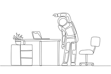 Single one line drawing astronaut stands while raising one hand and tilting body. Stretching. It is very ready to carry out a space expedition. Cosmonaut. Continuous line design graphic illustration