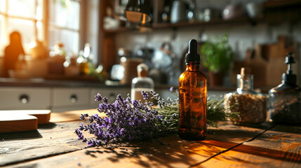A bottle of essential oil and lavender flowers on the kitchen table on a dark background, close-up....