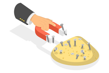 3D Isometric Flat  Illustration of Separating Iron Filings from Sand with a Magnet, Magnet Horseshoe