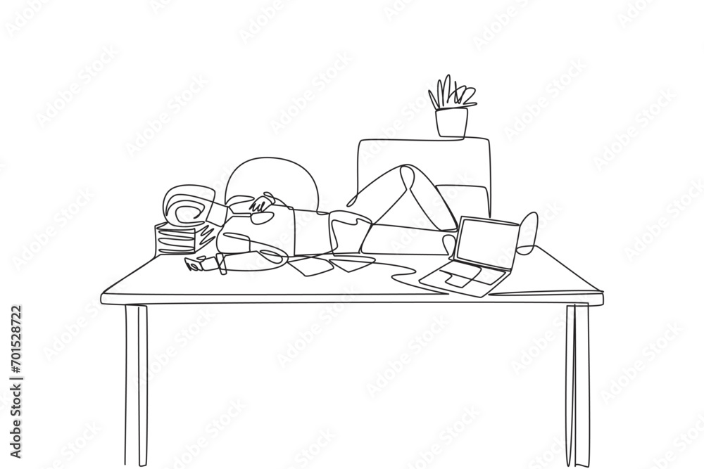 Poster continuous one line drawing robot fell asleep on the table with a pillow from a pile of papers. adva