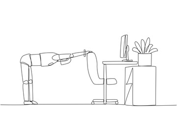 Continuous one line drawing robot bowed while holding his hand on his work chair. Stretching. Training all muscles after the repair process. Technology. Single line draw design vector illustration