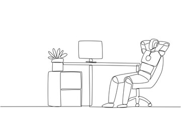 Single one line drawing robot sitting in work chair with his hands behind his head. Relax. See the programming process for making other robots. Technology. Continuous line design graphic illustration