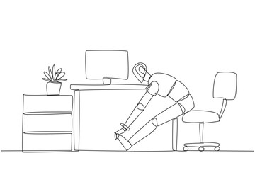 Single continuous line drawing robot sits in work chair with his legs straightened, hands hold legs. Feasibility trial. Algorithm improvements. Future technology. One line design vector illustration