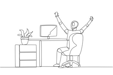 Continuous one line drawing the robot sit on chair opening and raising his hands. Stretching robot. Sitting and focusing too long. Future technology AI. Single line draw design vector illustration