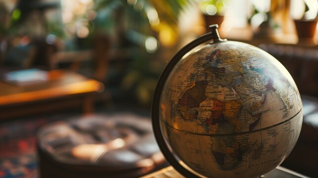 A vintage globe in a warm indoor setting