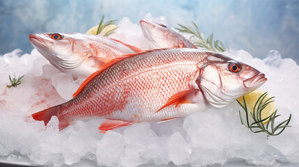 Food banner with fresh sea fish on crushed ice pieces on a dish with copy space. 