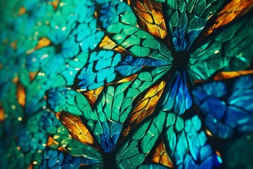 An HD close-up showcasing the detailed 3D mosaic of colors on a butterfly wing, against a rich emerald backdrop with a vivid cyan tree.