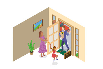3D Isometric Flat  Illustration of Father Homecoming, Happy Family