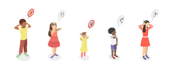 3D Isometric Flat  Illustration of Play Peekaboo, Do not See, Speak and Hear