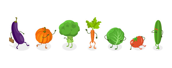 3D Isometric Flat  Set of Cute Vegetables, Funny Food Characters