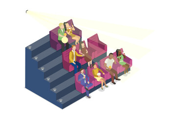3D Isometric Flat  Illustration of People Watching Movie, Cinema Theater