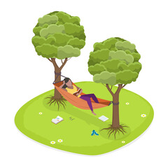 3D Isometric Flat  Illustration of Relaxing Lying In Hammock, Having Rest and Enjoying Vacations