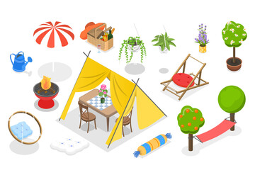 3D Isometric Flat  Set of Garden Furniture Items, Patio Collection